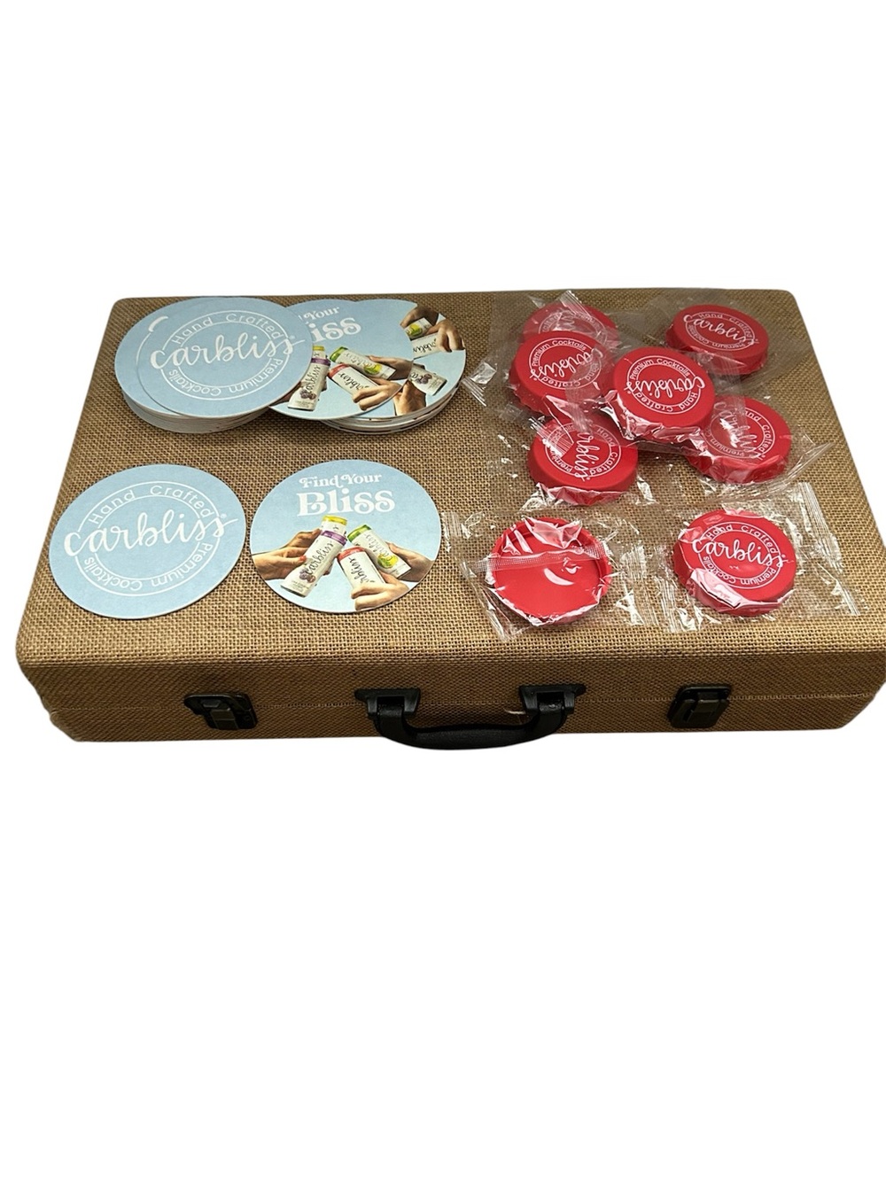 NWT Carbliss Red Promotional red can caps  party Favor Set with Branded coasters